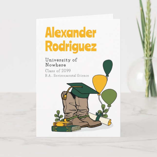 Green/Gold Graduation Cap Cowboy Boot Arrangement Invitation (Front)