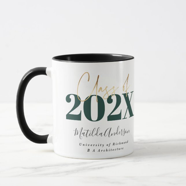 green gold graduation elegant script modern mug (Left)