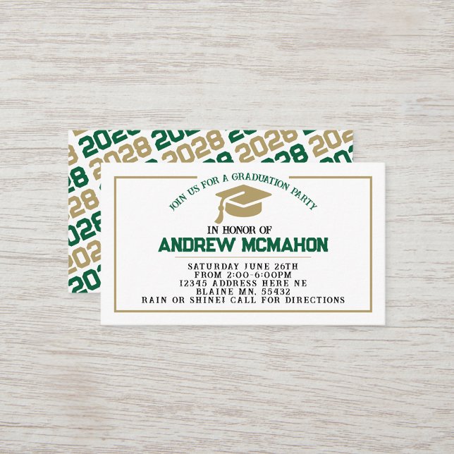 Green & Gold Graduation Invite Announcement Insert (Green, White & Bronze Gold Mini Graduation Invites for Friends, Team Mates or as Inserts!)
