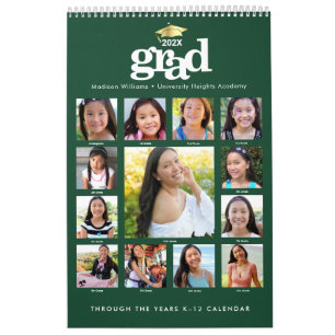 Green Gold Graduation K–12 Photo Collage 15 Month Calendar