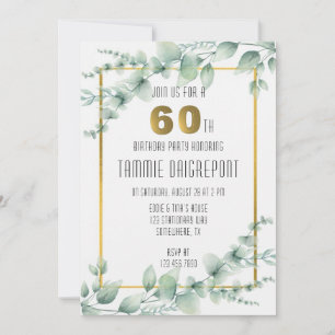 Green Gold Greenery Eucalyptus 60th Birthday Party Invitation