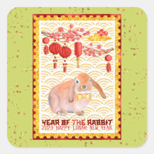 Green Gold Happy Lunar New Year of the Rabbit Square Sticker