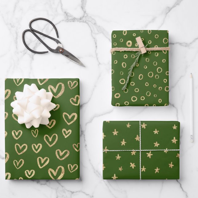 Green Gold Hearts Stars Circles Random Patterns Wrapping Paper Sheet (Front)