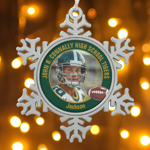 Green Gold High School Football Player Photo Snowflake Pewter Christmas Ornament