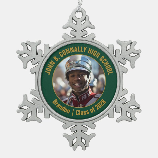 Green Gold High School Marching Band Photo Gift Snowflake Pewter Christmas Ornament (Front)