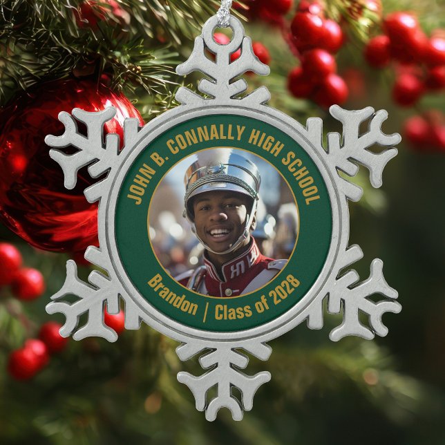 Green Gold High School Marching Band Photo Gift Snowflake Pewter Christmas Ornament (Creator Uploaded)