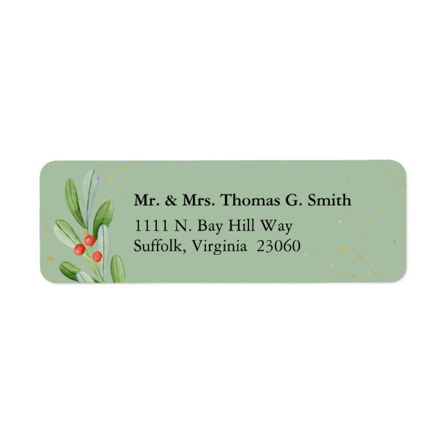 Green + Gold Holiday Botanical Return Address Labe Label (Front)