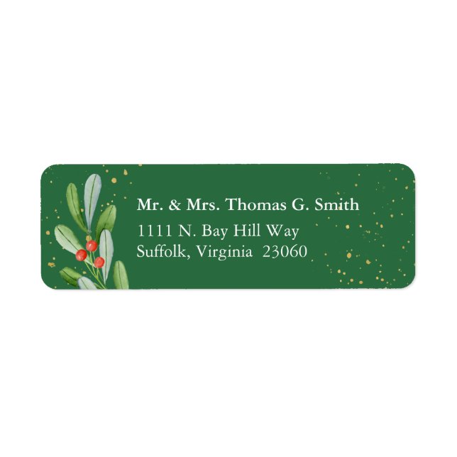 Green + Gold Holiday Botanical Return Address Return Address Label (Front)