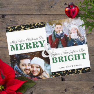 Green & Gold Holiday Greenery Pattern 2-Photo Card