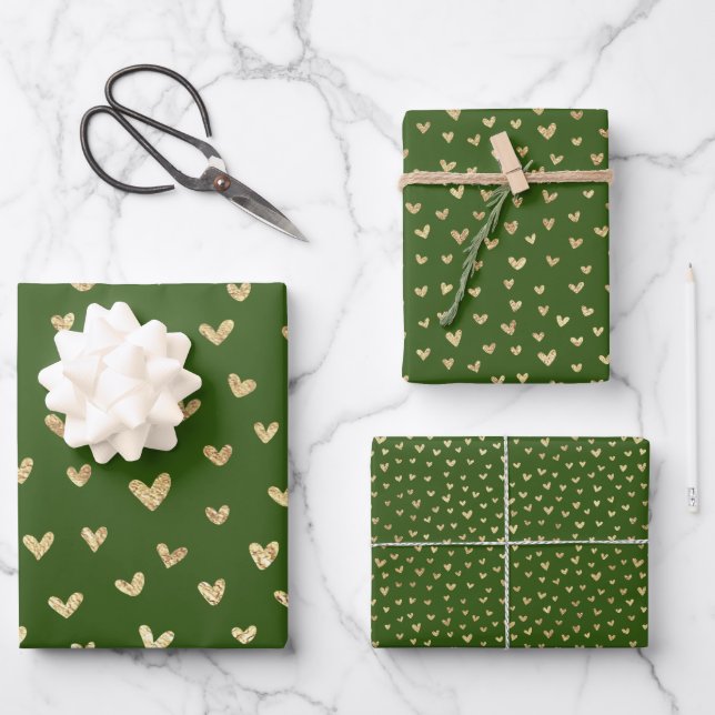 Green Gold Holiday Love Hearts Pattern Wrapping Paper Sheet (Front)