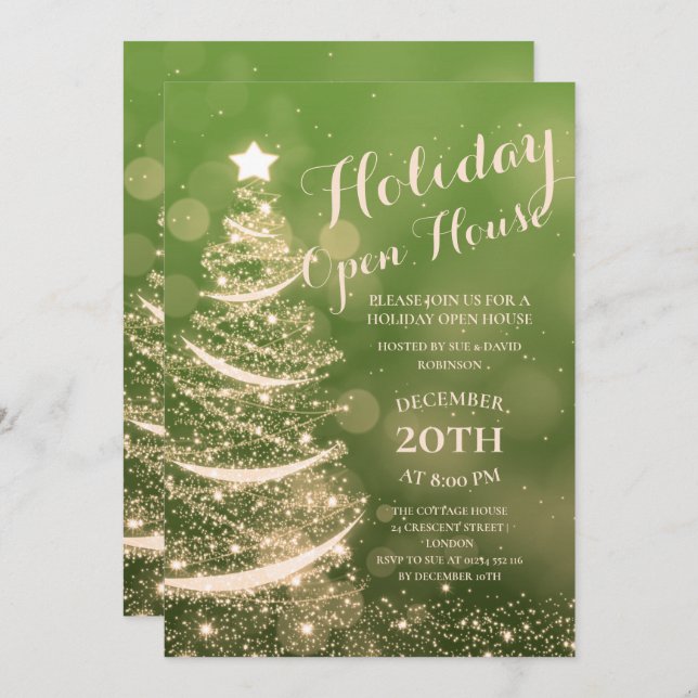 Green & Gold Holiday Open House Party Invitation (Front/Back)