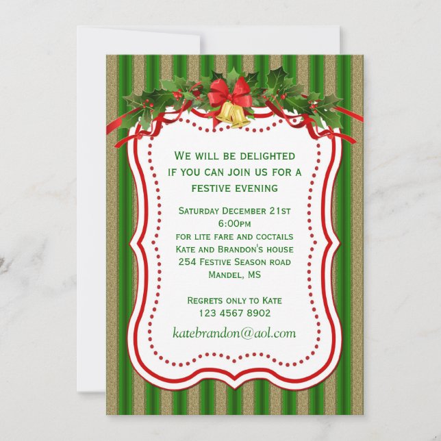 Green gold holly bells Christmas Party Invitation (Front)