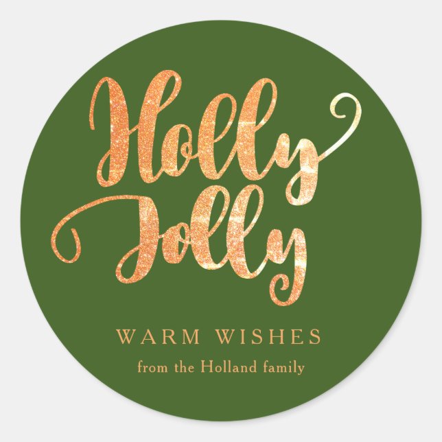 Green Gold Holly Jolly Holiday Classic Round Sticker (Front)