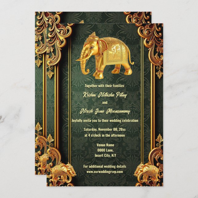 Green gold Indian elephants floral brocade Hindi  Invitation (Front/Back)