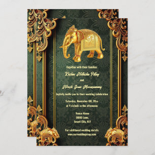 Green gold Indian elephants floral brocade Hindi  Invitation