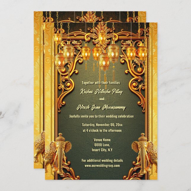 Green gold Indian elephants lanterns Hindi Hindu Invitation (Front/Back)