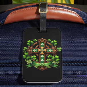 GREEN & GOLD IRISH CELTIC CROSS & RIBBONS LUGGAGE TAG