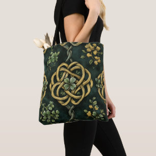 GREEN & GOLD IRISH CELTIC KNOT PATTERNS TOTE BAG