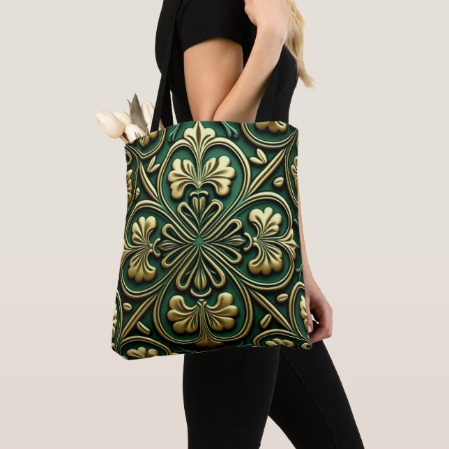 GREEN & GOLD IRISH CELTIC KNOTS TOTE BAG (Close Up)