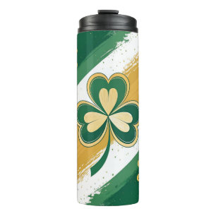 GREEN & GOLD IRISH CELTIC SHAMROCKS & STRIPES THERMAL TUMBLER