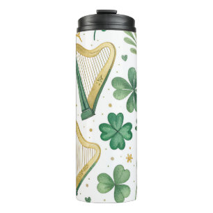 GREEN & GOLD IRISH SHAMROCKS & HARPS THERMAL TUMBLER