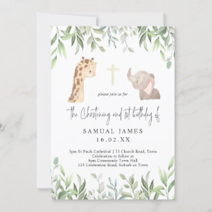 Green & Gold Jungle Christening & 1st Birthday Invitation