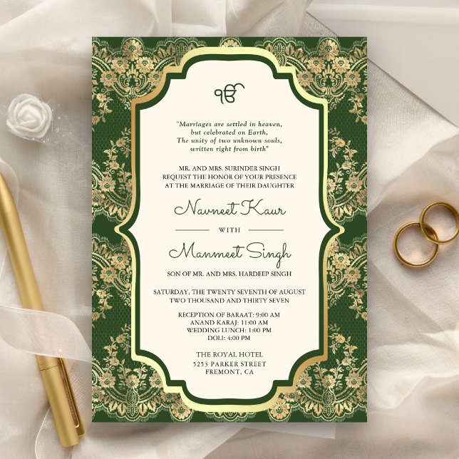 Green Gold Lace QR Code Anand Karaj Sikh Wedding Invitation (Creator Uploaded)