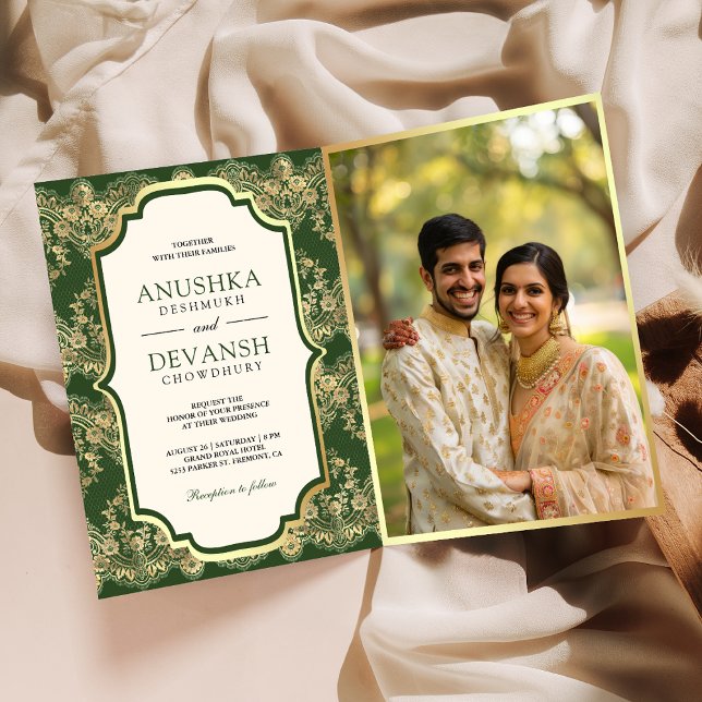 Green Gold Lace QR Code Photo Indian Wedding Invitation (Creator Uploaded)