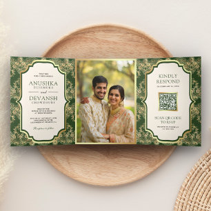 Green Gold Lace QR Code Photo Indian Wedding Tri-Fold Invitation
