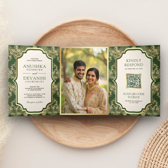 Green Gold Lace QR Code Photo Indian Wedding Tri-Fold Invitation (Creator Uploaded)