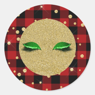Green Gold Lashes Holiday Red Buffalo Plaid Classic Round Sticker
