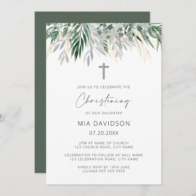 Green & Gold Leaves Christening Invitation (Front/Back)