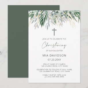 Green & Gold Leaves Christening Invitation
