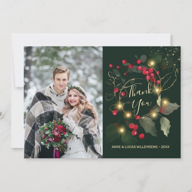 Green Gold Leaves Red Berry Wedding Thank You Card (Front)