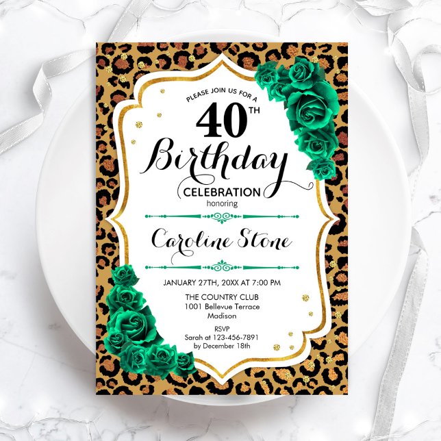 Green Gold Leopard Print 40th Birthday Invitation (Creator Uploaded)