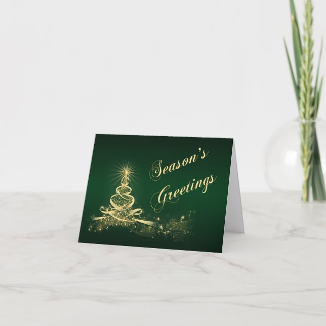 Green, Gold Lighted Tree Corporate Holiday Card (Front)