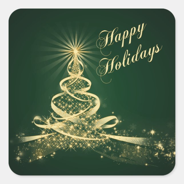 Green, Gold  Lighted Tree Happy Holidays Sticker (Front)