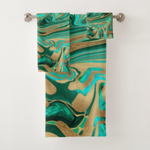 Green & Gold Liquid Marble Bath Towel Set