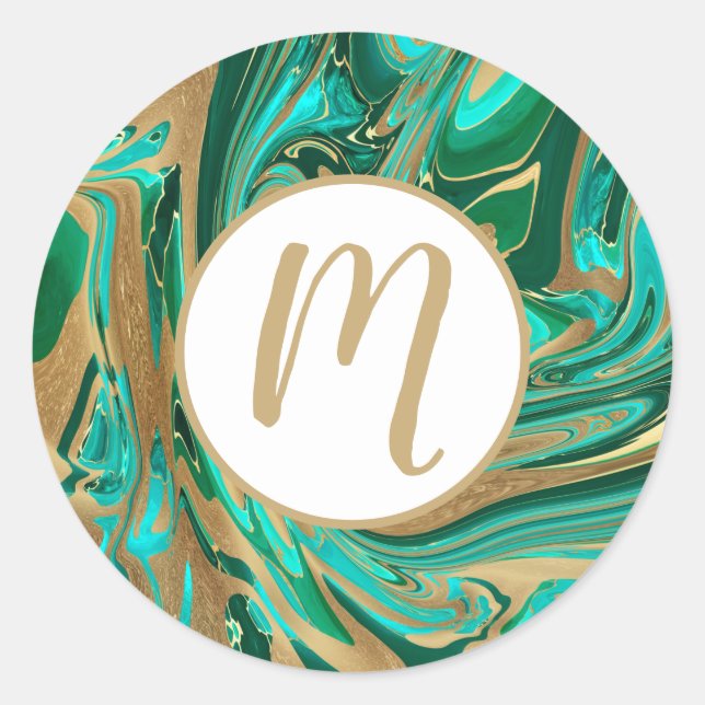 Green & Gold Liquid Marble Classic Round Sticker (Front)