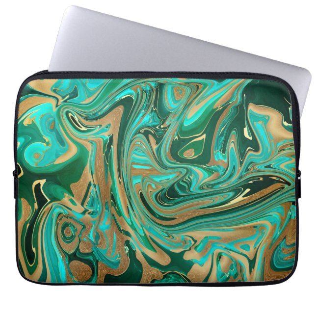 Green & Gold Liquid Marble Laptop Sleeve (Front)