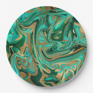 Green & Gold Liquid Marble Paper Plate