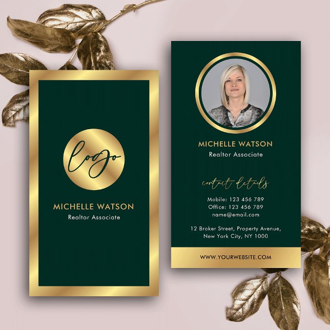 Green & Gold Logo Modern Lawyer Real Estate Photo Business Card (Modern dark green and gold effect vertical business cards with photo and your logo)
