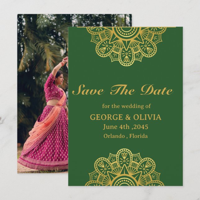  Green & Gold Mandala Indian Wedding Save The Date (Front/Back)