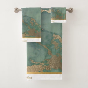 GREEN GOLD MARBLE ABSTRACT PERSONALISED TOWEL SET