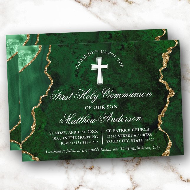 Green Gold Marble Agate Geode First Communion Invitation (Customize to change text size, text style or to add more text to back of card.)