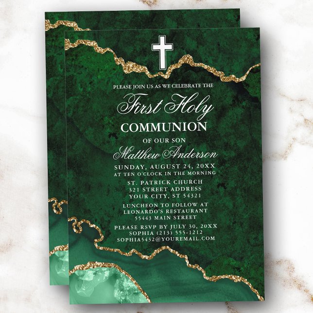 Green Gold Marble Agate Geode First Holy Communion Invitation (Customize to change text size or text style.)