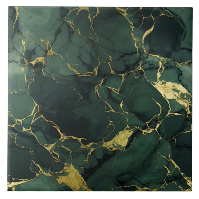 Green & Gold Marble, Cracked Gemstone, Seamless Ceramic Tile (Front)