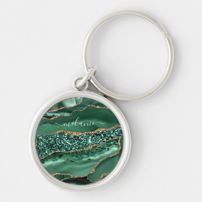 Green Gold Marble Emerald Custom Name Keychain (Front)