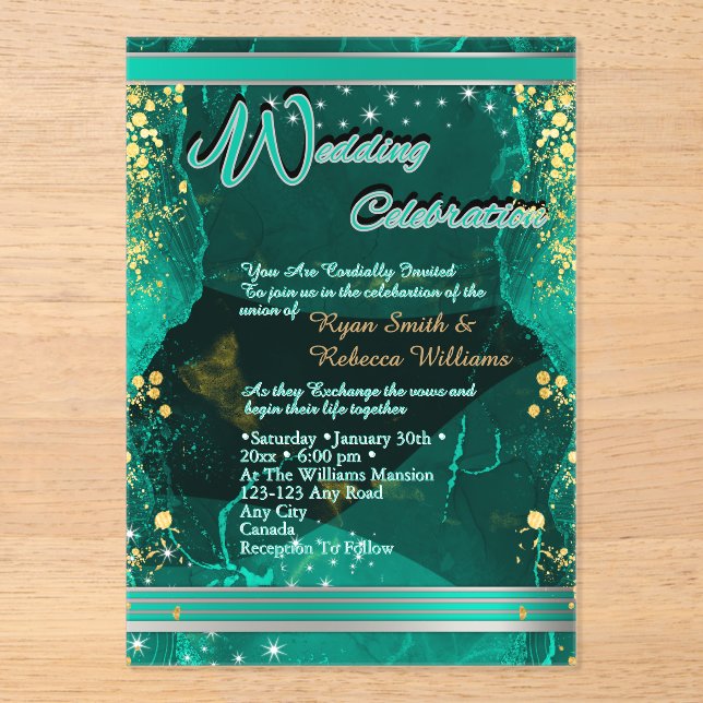 Green & Gold Marble Flat Card  Acrylic Invitations (Front)
