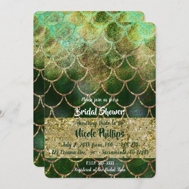 Green & Gold Mermaid Scales Glam Bridal Shower Invitation (Front/Back)